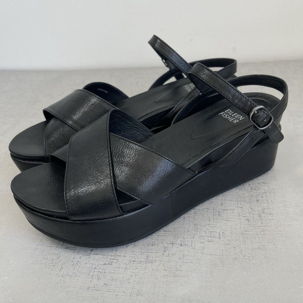 Eileen Fisher Juno Black Leather Platform Sandals 9.5 Ankle Straps Minimalist - Picture 2 of 12